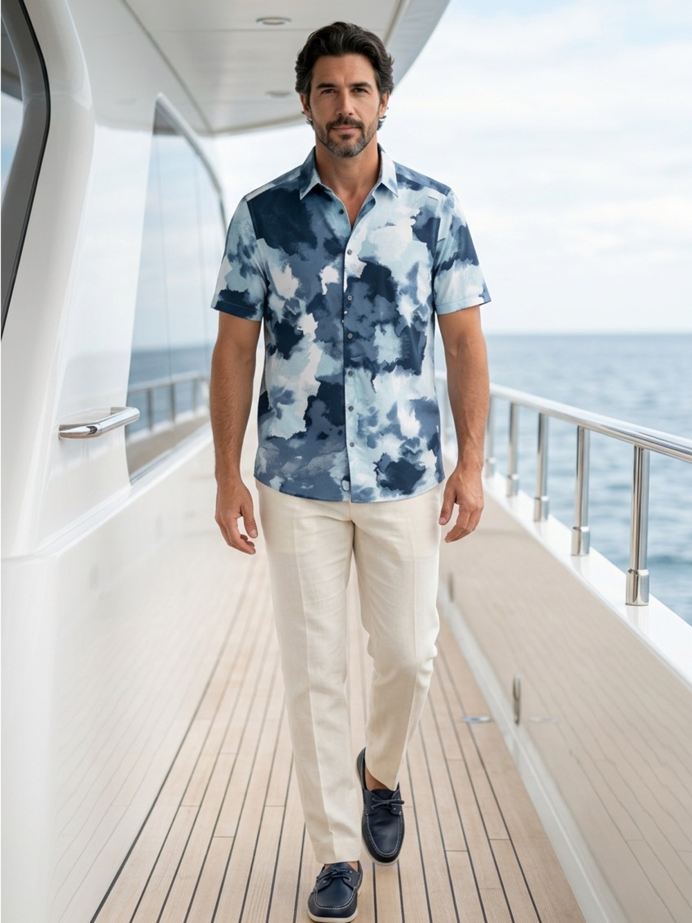 Perry Ellis Short Sleeve Button-Down Shirt - Navy & Light Blue Abstract - Picture 1 of 4